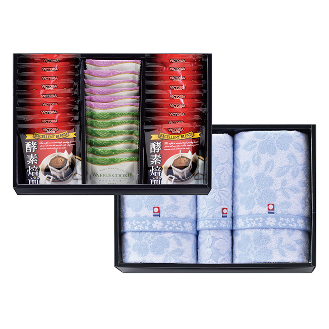 【送料無料】 コンビネーションギフト　酵素焙煎ドリップコーヒー＆ワッフルクッキー＆はなみずき　今治タオルセット　No.100